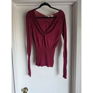 Anthropologie Lia Molly Sweater L Maroon V-Neck Merino Wool Angora Knit Top